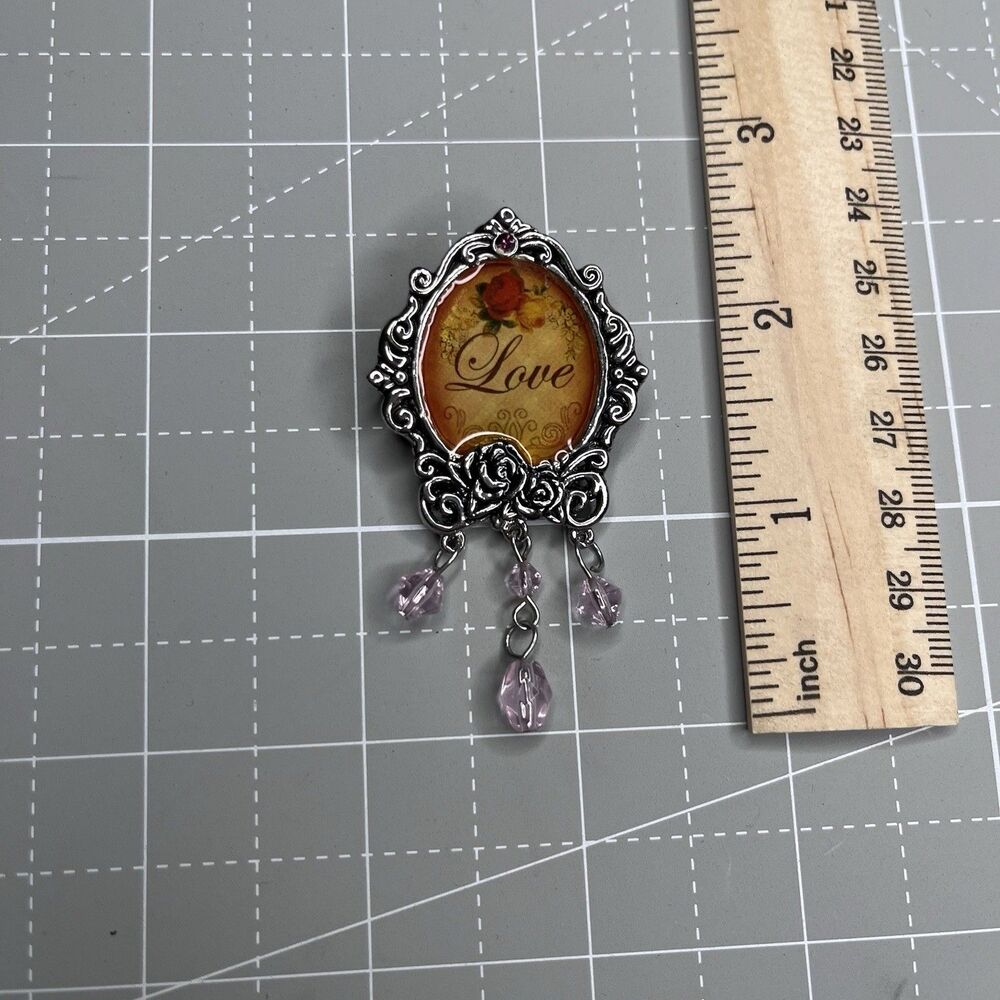 Ganz Victorian Romance Pin Back Love Brooch 1.5" Beads Yellow Pink Silver Tone